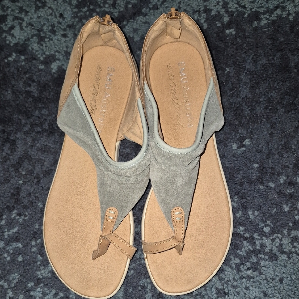Mud Australia Tan and Gray Suede T-Strap Sandals with Ankle Buckle - Picture 1 of 5